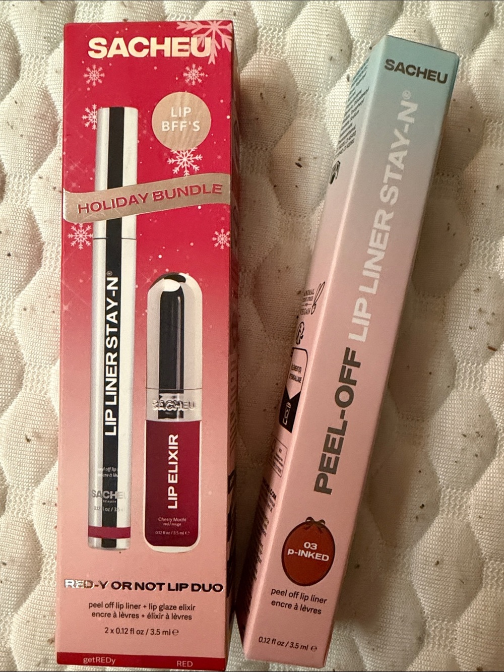 NEW SACHEU Lip Liner + Lip Elixir Bundle - Red + Rose Pink Peel off Liner Stay-n